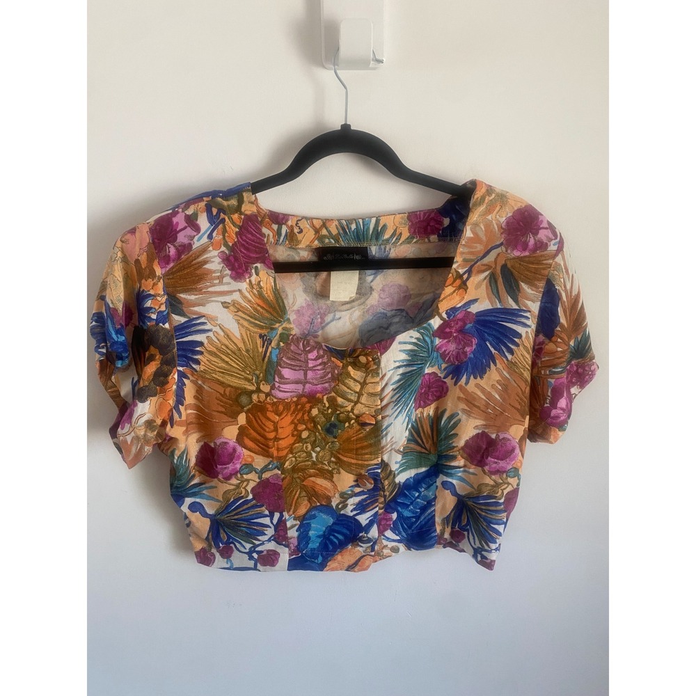 Vintage La Belle Fashions Tropical Floral Crop Top and Shorts Set Large Made USA